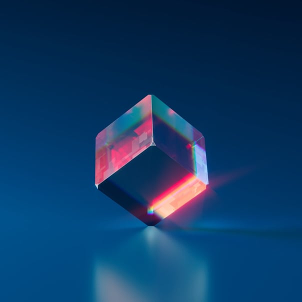 NFT image is a glass cube equilibrated on its vertice